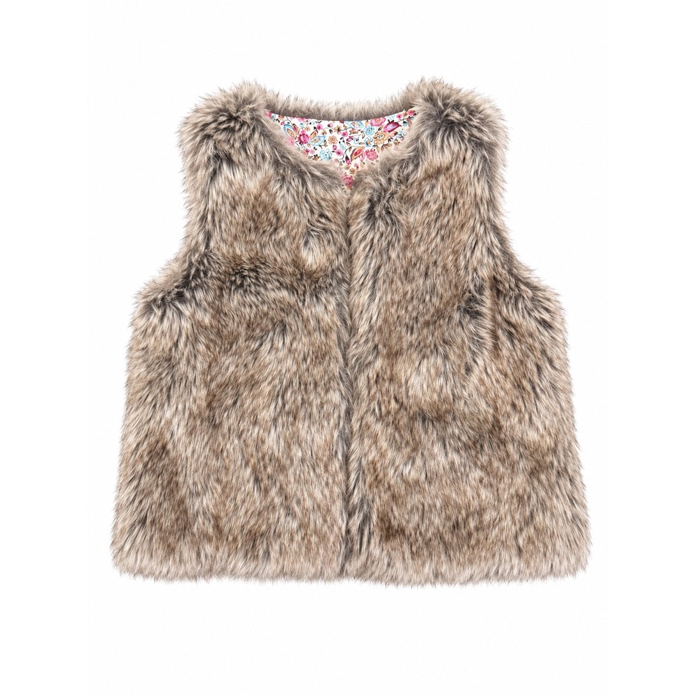 Girls Brown Faux Fur Vest Floral Lined Hook Closure Size 6 Unknown Brand